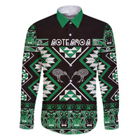 Personalised Taniko Motifs Aotearoa Family Matching Puletasi and Hawaiian Shirt Waitangi Kowhaiwhai Kiwi - Green LT7 Dad's Shirt - Long Sleeve Green - Polynesian Pride