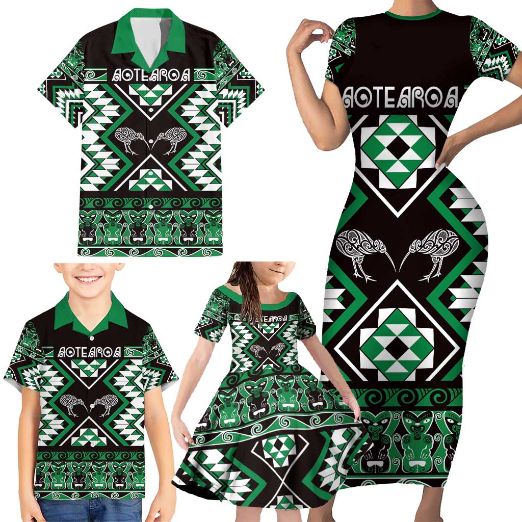 Personalised Taniko Motifs Aotearoa Family Matching Short Sleeve Bodycon Dress and Hawaiian Shirt Waitangi Kowhaiwhai Kiwi - Green LT7 - Polynesian Pride