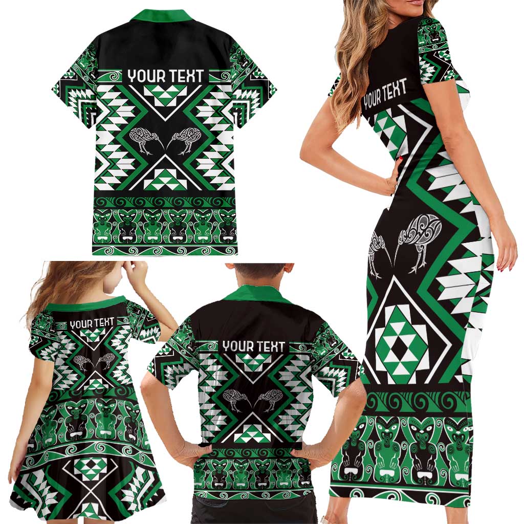 Personalised Taniko Motifs Aotearoa Family Matching Short Sleeve Bodycon Dress and Hawaiian Shirt Waitangi Kowhaiwhai Kiwi - Green LT7 - Polynesian Pride