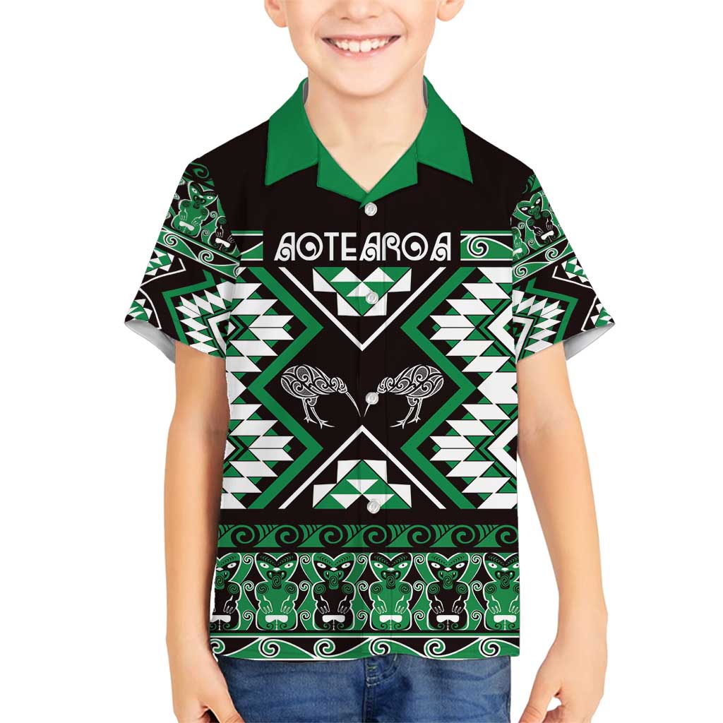 Personalised Taniko Motifs Aotearoa Family Matching Summer Maxi Dress and Hawaiian Shirt Waitangi Kowhaiwhai Kiwi - Green LT7 Son's Shirt Green - Polynesian Pride