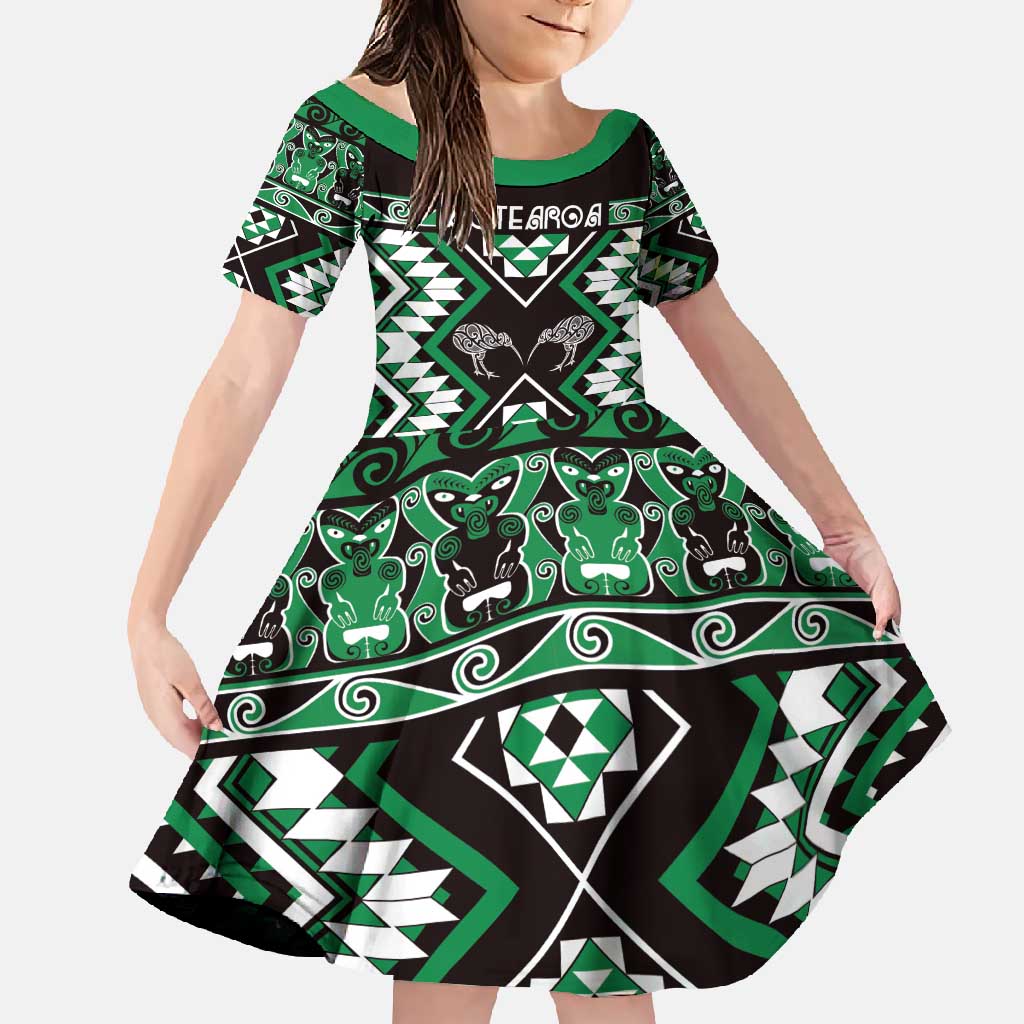 Personalised Taniko Motifs Aotearoa Family Matching Tank Maxi Dress and Hawaiian Shirt Waitangi Kowhaiwhai Kiwi - Green LT7 Daughter's Dress Green - Polynesian Pride