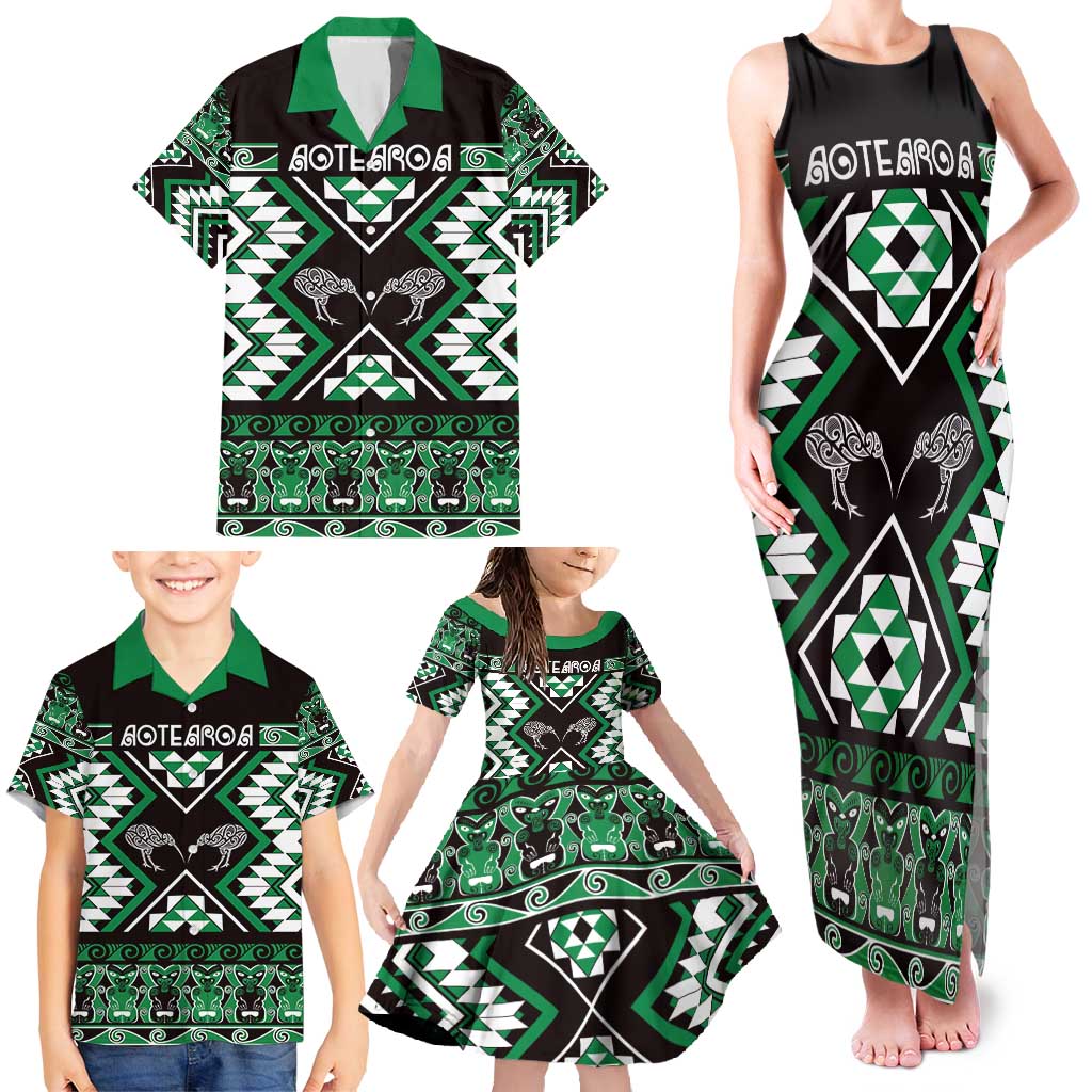 Personalised Taniko Motifs Aotearoa Family Matching Tank Maxi Dress and Hawaiian Shirt Waitangi Kowhaiwhai Kiwi - Green LT7 - Polynesian Pride