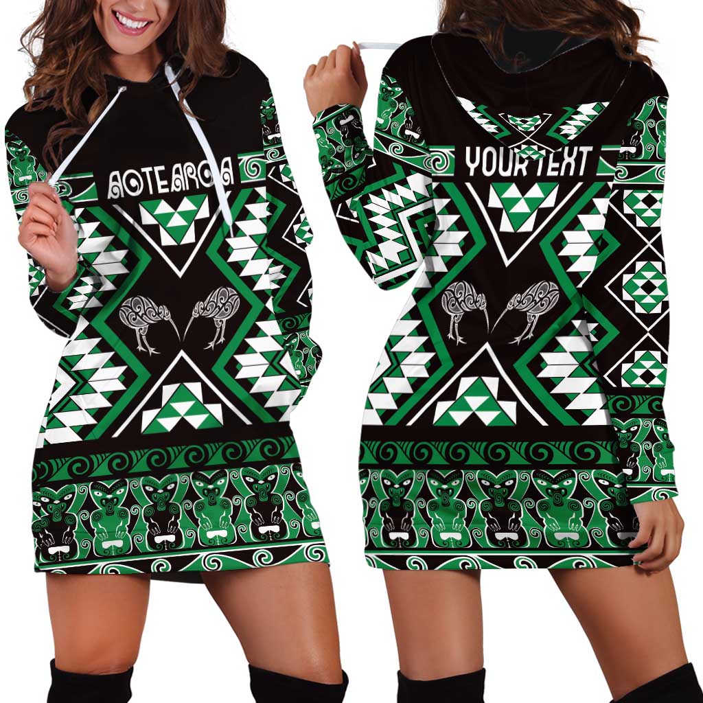 Personalised Taniko Motifs Aotearoa Hoodie Dress Waitangi Kowhaiwhai Kiwi - Green LT7 - Polynesian Pride