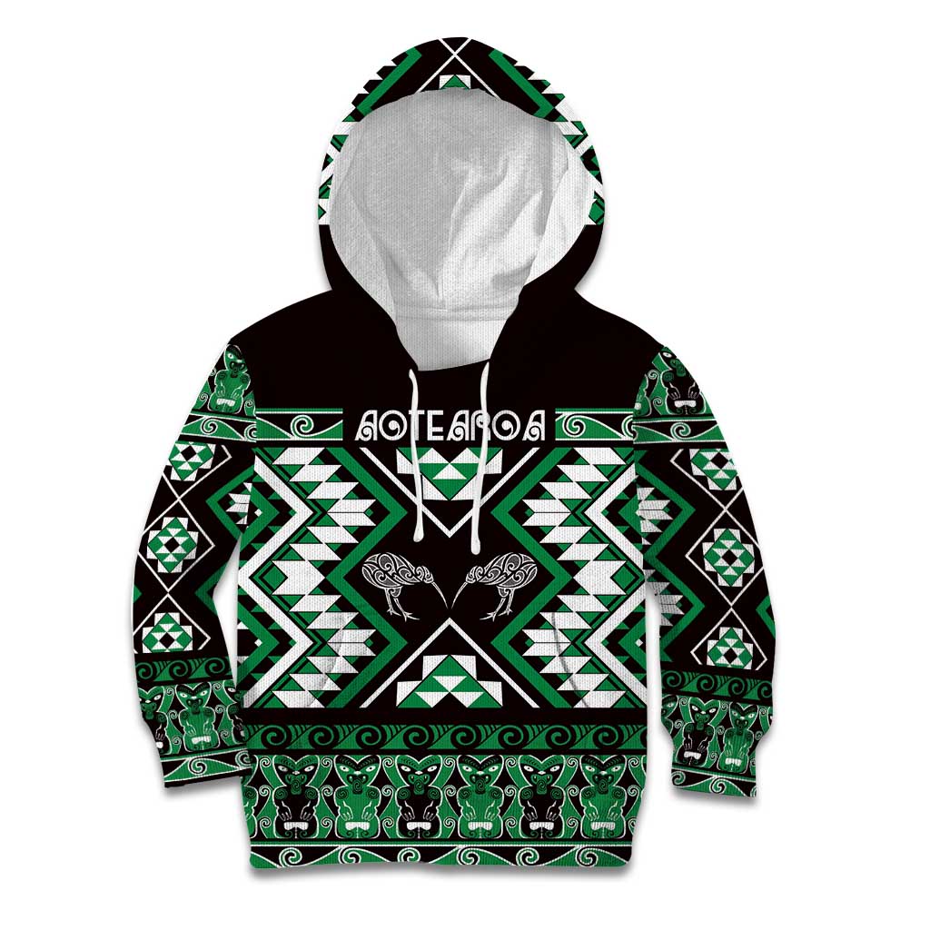 Personalised Taniko Motifs Aotearoa Kid Hoodie Waitangi Kowhaiwhai Kiwi - Green LT7 Hoodie Green - Polynesian Pride