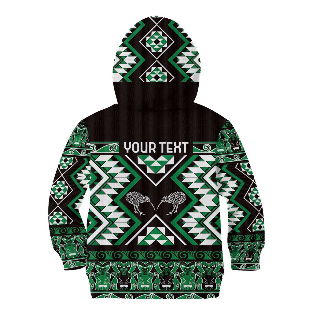 Personalised Taniko Motifs Aotearoa Kid Hoodie Waitangi Kowhaiwhai Kiwi - Green LT7 - Polynesian Pride