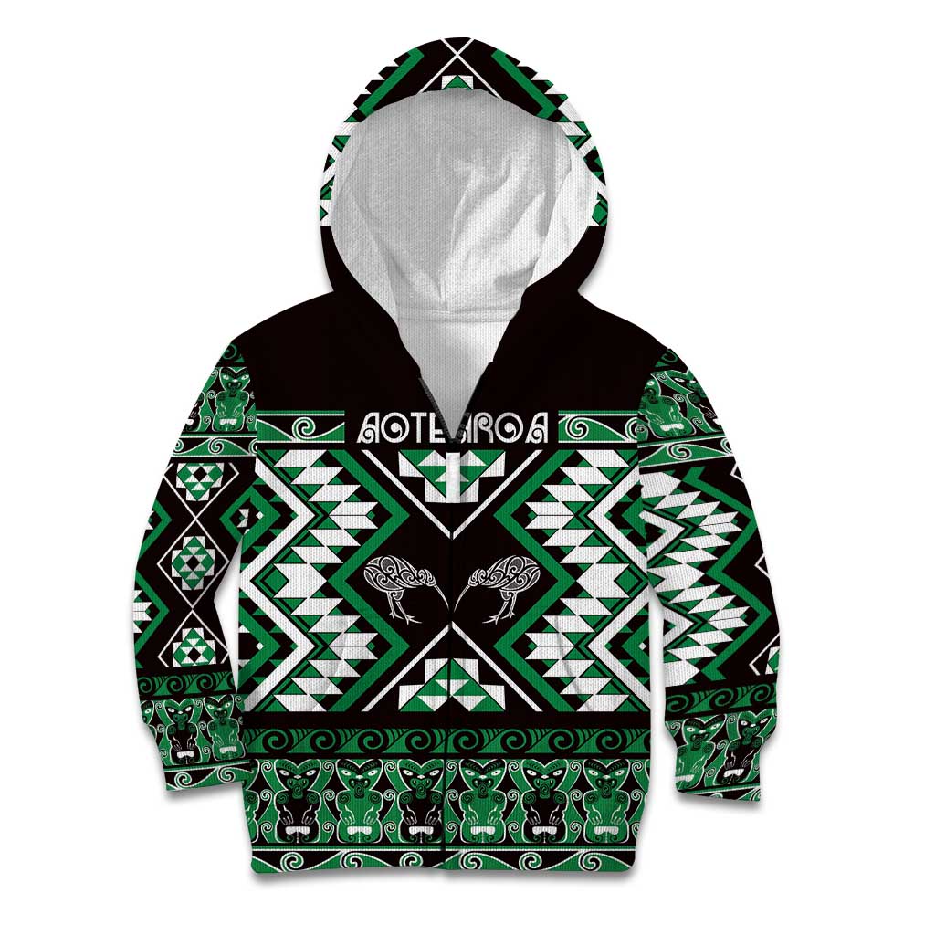 Personalised Taniko Motifs Aotearoa Kid Hoodie Waitangi Kowhaiwhai Kiwi - Green LT7 Zip Hoodie Green - Polynesian Pride