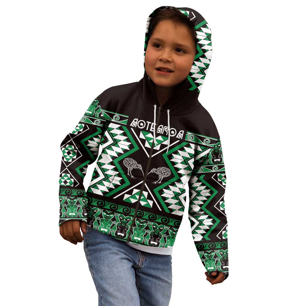 Personalised Taniko Motifs Aotearoa Kid Hoodie Waitangi Kowhaiwhai Kiwi - Green LT7 - Polynesian Pride