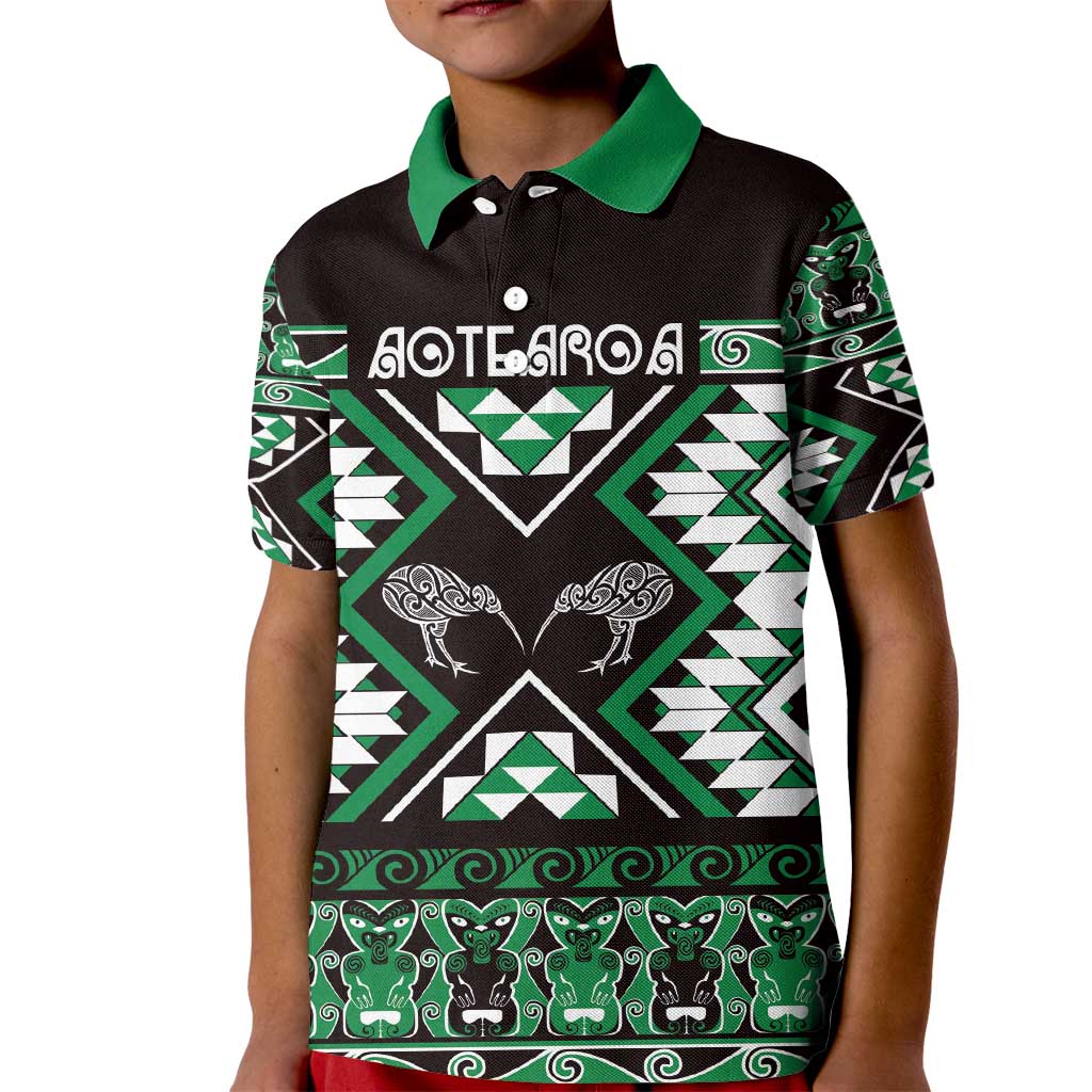 Personalised Taniko Motifs Aotearoa Kid Polo Shirt Waitangi Kowhaiwhai Kiwi - Green LT7 Kid Green - Polynesian Pride