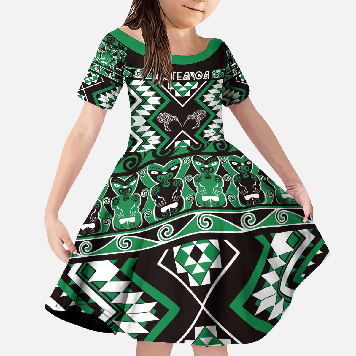Personalised Taniko Motifs Aotearoa Kid Short Sleeve Dress Waitangi Kowhaiwhai Kiwi - Green LT7 KID Green - Polynesian Pride