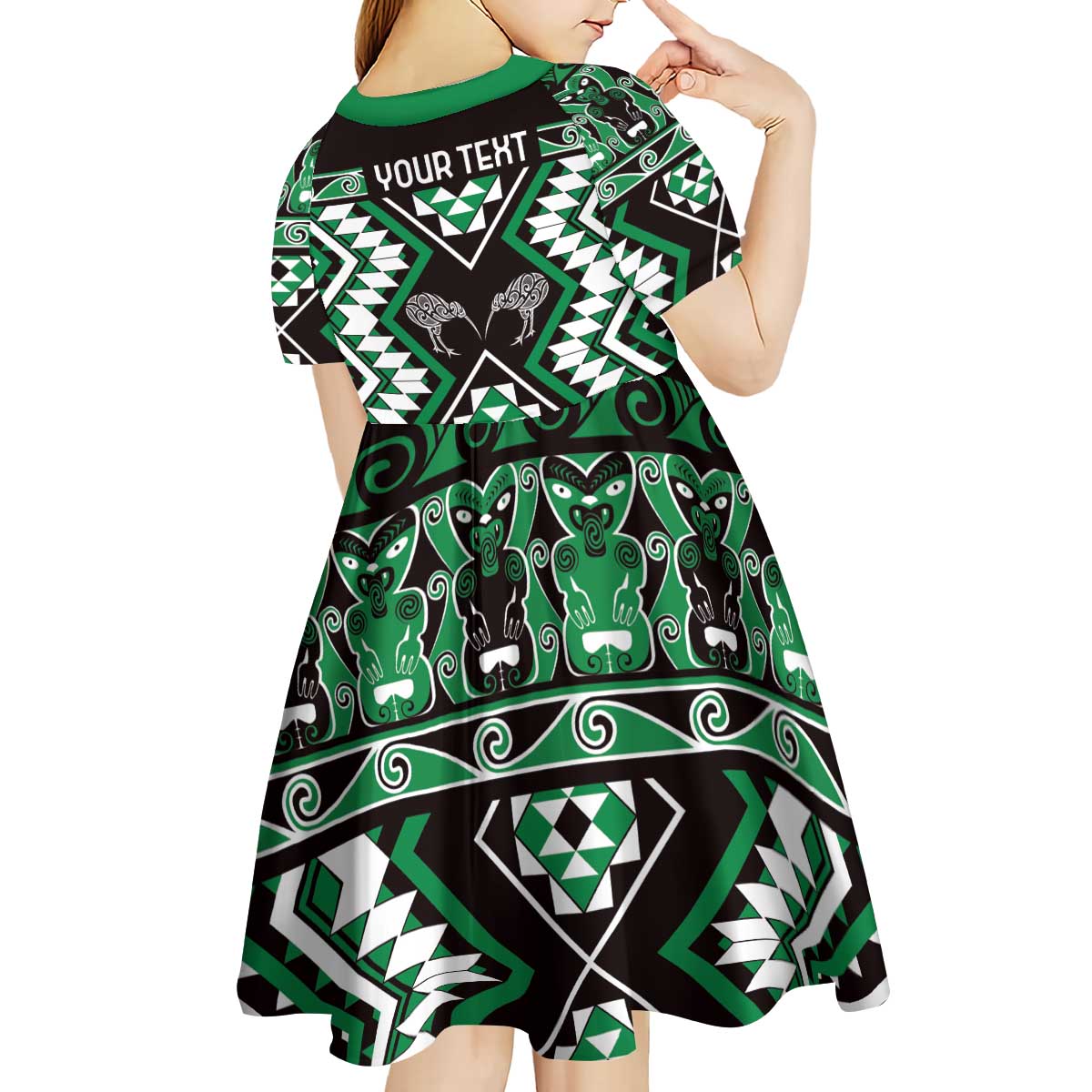 Personalised Taniko Motifs Aotearoa Kid Short Sleeve Dress Waitangi Kowhaiwhai Kiwi - Green LT7 - Polynesian Pride