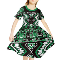 Personalised Taniko Motifs Aotearoa Kid Short Sleeve Dress Waitangi Kowhaiwhai Kiwi - Green LT7 - Polynesian Pride