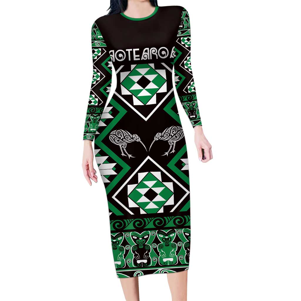Personalised Taniko Motifs Aotearoa Long Sleeve Bodycon Dress Waitangi Kowhaiwhai Kiwi - Green LT7 Long Dress Green - Polynesian Pride