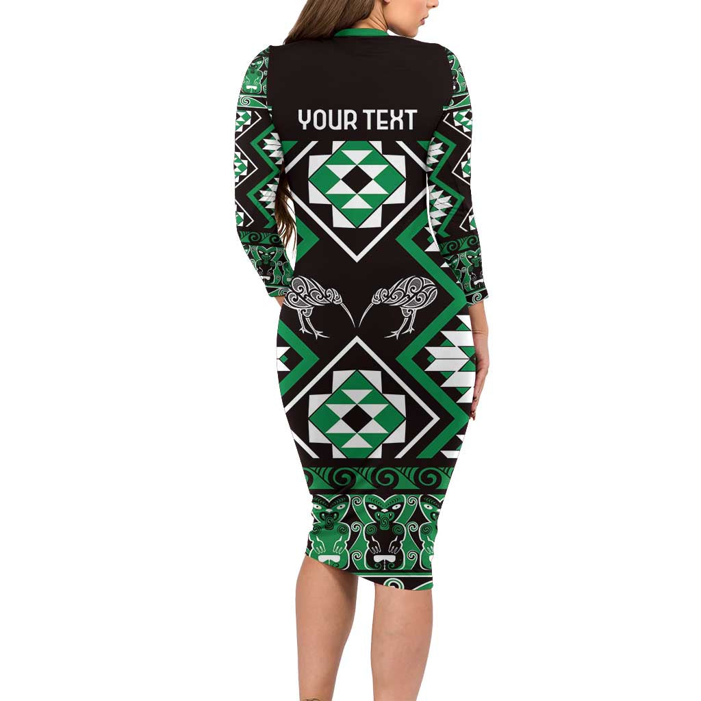 Personalised Taniko Motifs Aotearoa Long Sleeve Bodycon Dress Waitangi Kowhaiwhai Kiwi - Green LT7 - Polynesian Pride