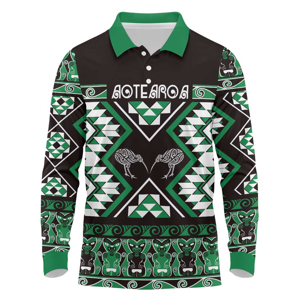 Personalised Taniko Motifs Aotearoa Long Sleeve Polo Shirt Waitangi Kowhaiwhai Kiwi - Green LT7 Green - Polynesian Pride
