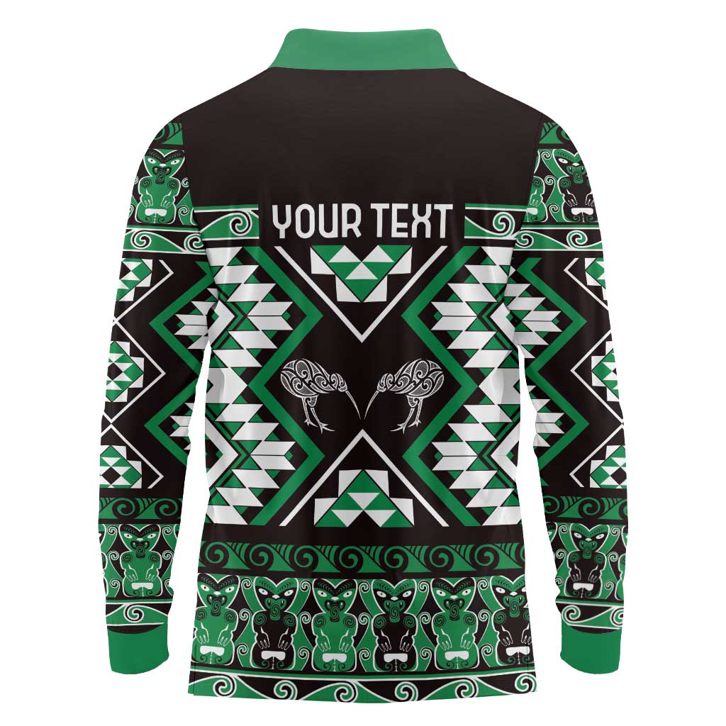 Personalised Taniko Motifs Aotearoa Long Sleeve Polo Shirt Waitangi Kowhaiwhai Kiwi - Green LT7 - Polynesian Pride