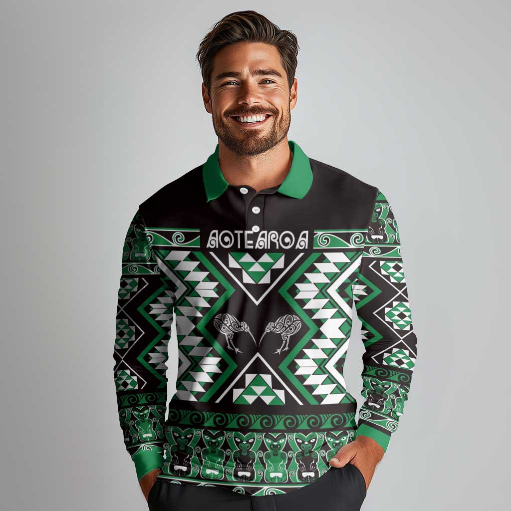 Personalised Taniko Motifs Aotearoa Long Sleeve Polo Shirt Waitangi Kowhaiwhai Kiwi - Green LT7 - Polynesian Pride