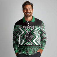 Personalised Taniko Motifs Aotearoa Long Sleeve Polo Shirt Waitangi Kowhaiwhai Kiwi - Green LT7 - Polynesian Pride
