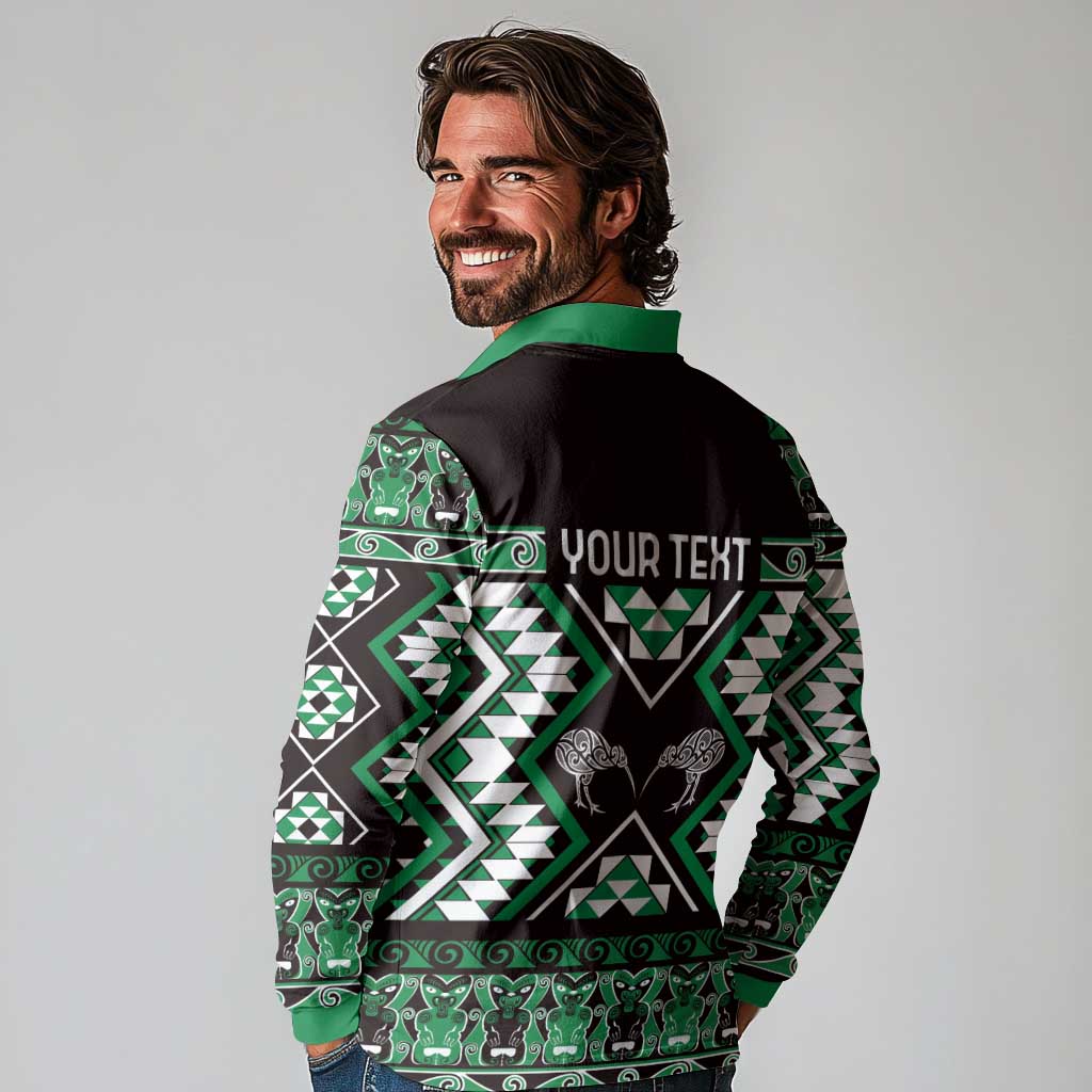Personalised Taniko Motifs Aotearoa Long Sleeve Polo Shirt Waitangi Kowhaiwhai Kiwi - Green LT7 - Polynesian Pride