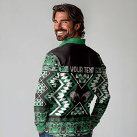 Personalised Taniko Motifs Aotearoa Long Sleeve Polo Shirt Waitangi Kowhaiwhai Kiwi - Green LT7 - Polynesian Pride