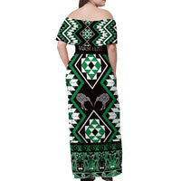Personalised Taniko Motifs Aotearoa Off Shoulder Maxi Dress Waitangi Kowhaiwhai Kiwi - Green LT7 - Polynesian Pride