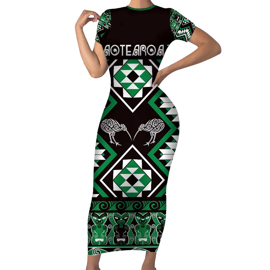 Personalised Taniko Motifs Aotearoa Short Sleeve Bodycon Dress Waitangi Kowhaiwhai Kiwi - Green LT7 Long Dress Green - Polynesian Pride