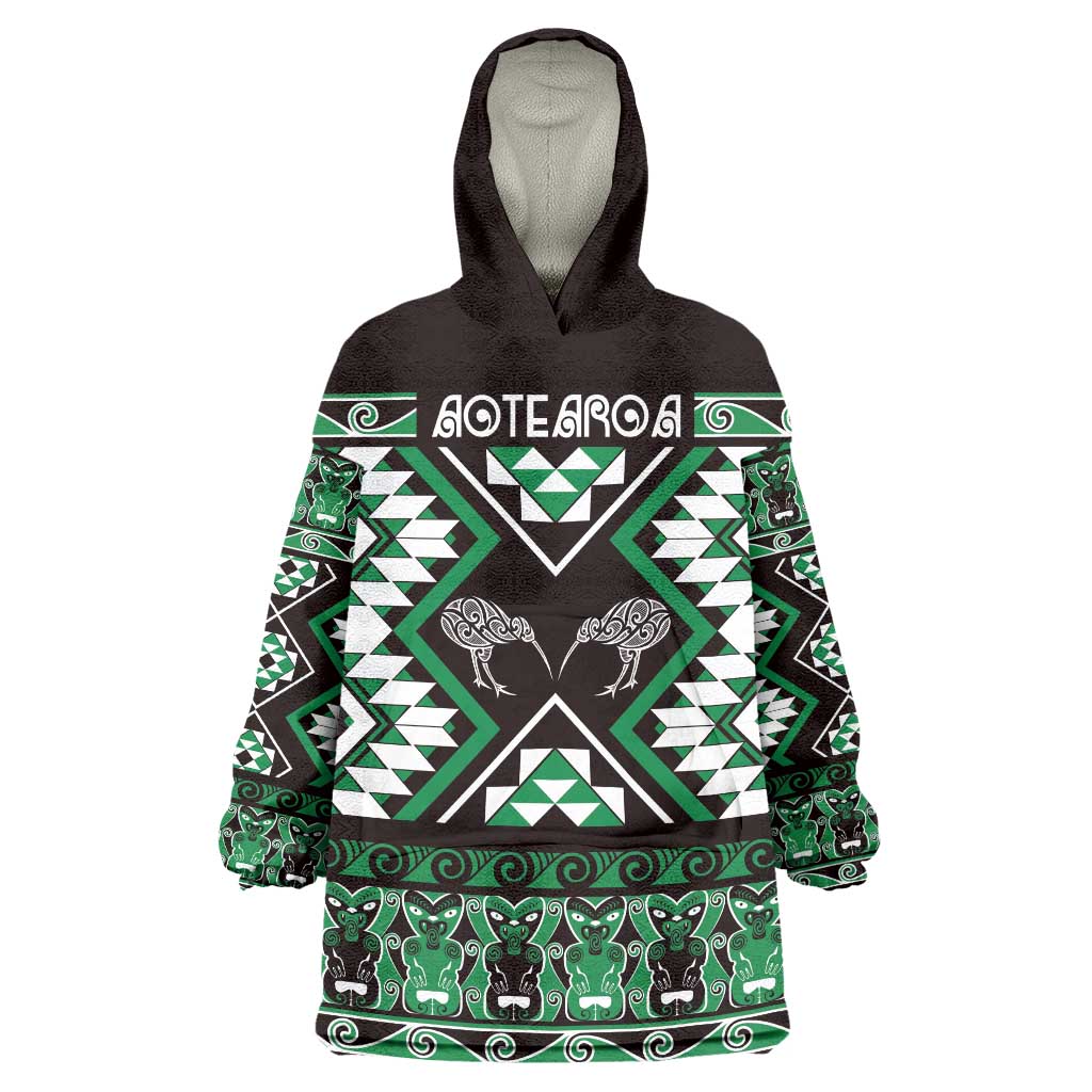 Personalised Taniko Motifs Aotearoa Wearable Blanket Hoodie Waitangi Kowhaiwhai Kiwi - Green LT7 One Size Green - Polynesian Pride