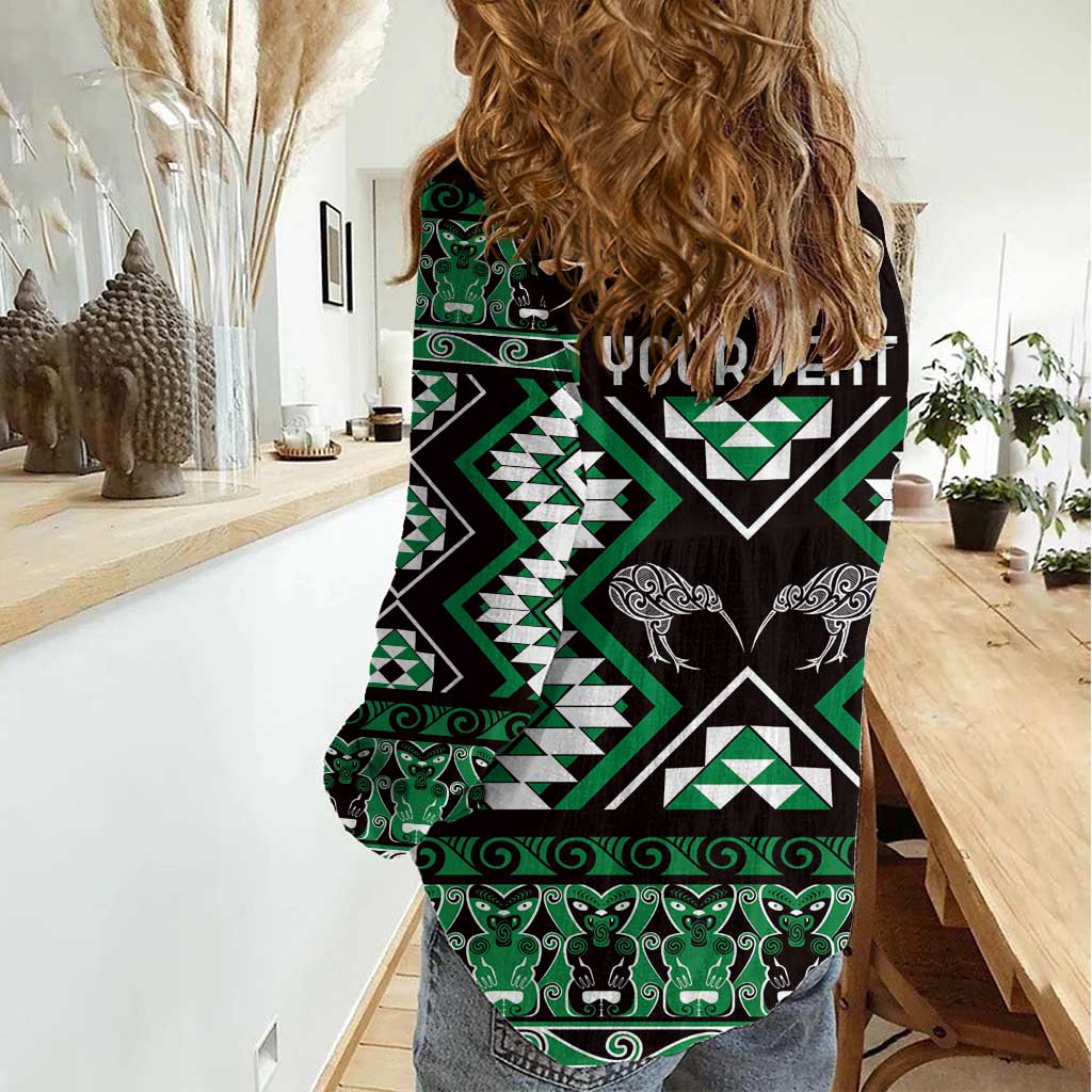 Personalised Taniko Motifs Aotearoa Women Casual Shirt Waitangi Kowhaiwhai Kiwi - Green LT7 - Polynesian Pride