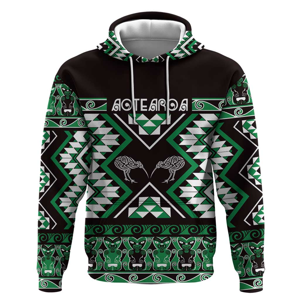 Personalised Taniko Motifs Aotearoa Zip Hoodie Waitangi Kowhaiwhai Kiwi - Green LT7 Pullover Hoodie Green - Polynesian Pride