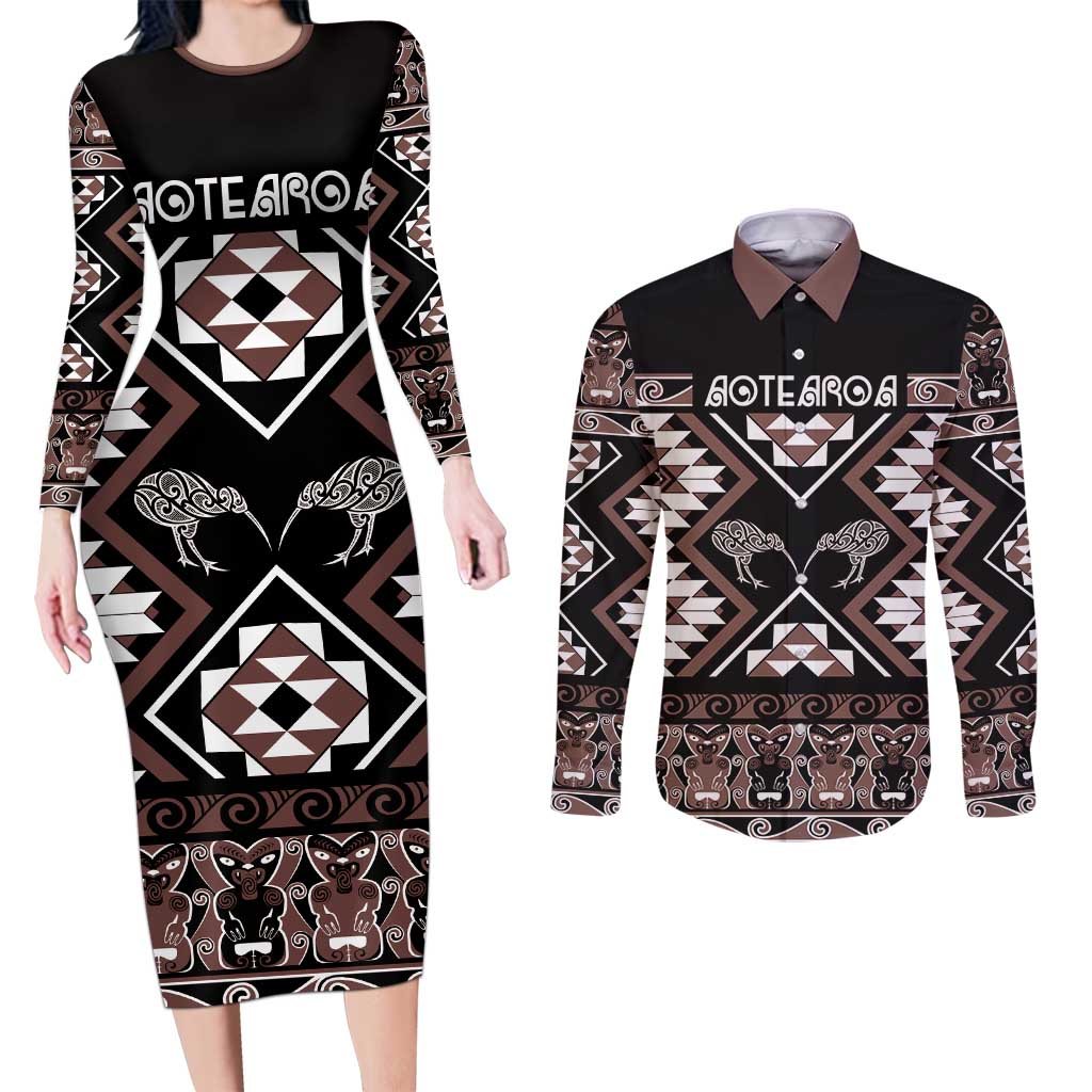 Personalised Taniko Motifs Aotearoa Couples Matching Long Sleeve Bodycon Dress and Long Sleeve Button Shirt Waitangi Kowhaiwhai Kiwi - Mocha LT7 Mocha - Polynesian Pride