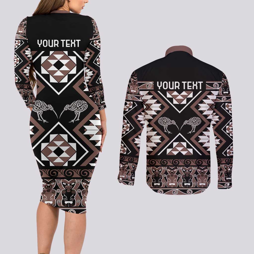 Personalised Taniko Motifs Aotearoa Couples Matching Long Sleeve Bodycon Dress and Long Sleeve Button Shirt Waitangi Kowhaiwhai Kiwi - Mocha LT7 - Polynesian Pride