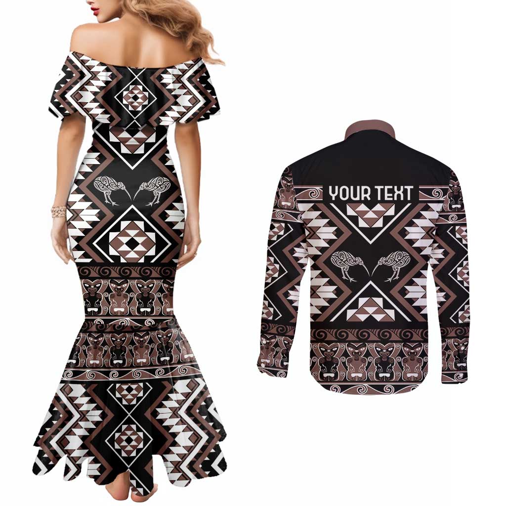 Personalised Taniko Motifs Aotearoa Couples Matching Mermaid Dress and Long Sleeve Button Shirt Waitangi Kowhaiwhai Kiwi - Mocha LT7 - Polynesian Pride