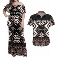 Personalised Taniko Motifs Aotearoa Couples Matching Off Shoulder Maxi Dress and Hawaiian Shirt Waitangi Kowhaiwhai Kiwi - Mocha LT7 Mocha - Polynesian Pride