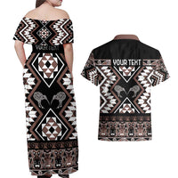 Personalised Taniko Motifs Aotearoa Couples Matching Off Shoulder Maxi Dress and Hawaiian Shirt Waitangi Kowhaiwhai Kiwi - Mocha LT7 - Polynesian Pride