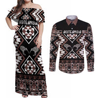 Personalised Taniko Motifs Aotearoa Couples Matching Off Shoulder Maxi Dress and Long Sleeve Button Shirt Waitangi Kowhaiwhai Kiwi - Mocha LT7 Mocha - Polynesian Pride