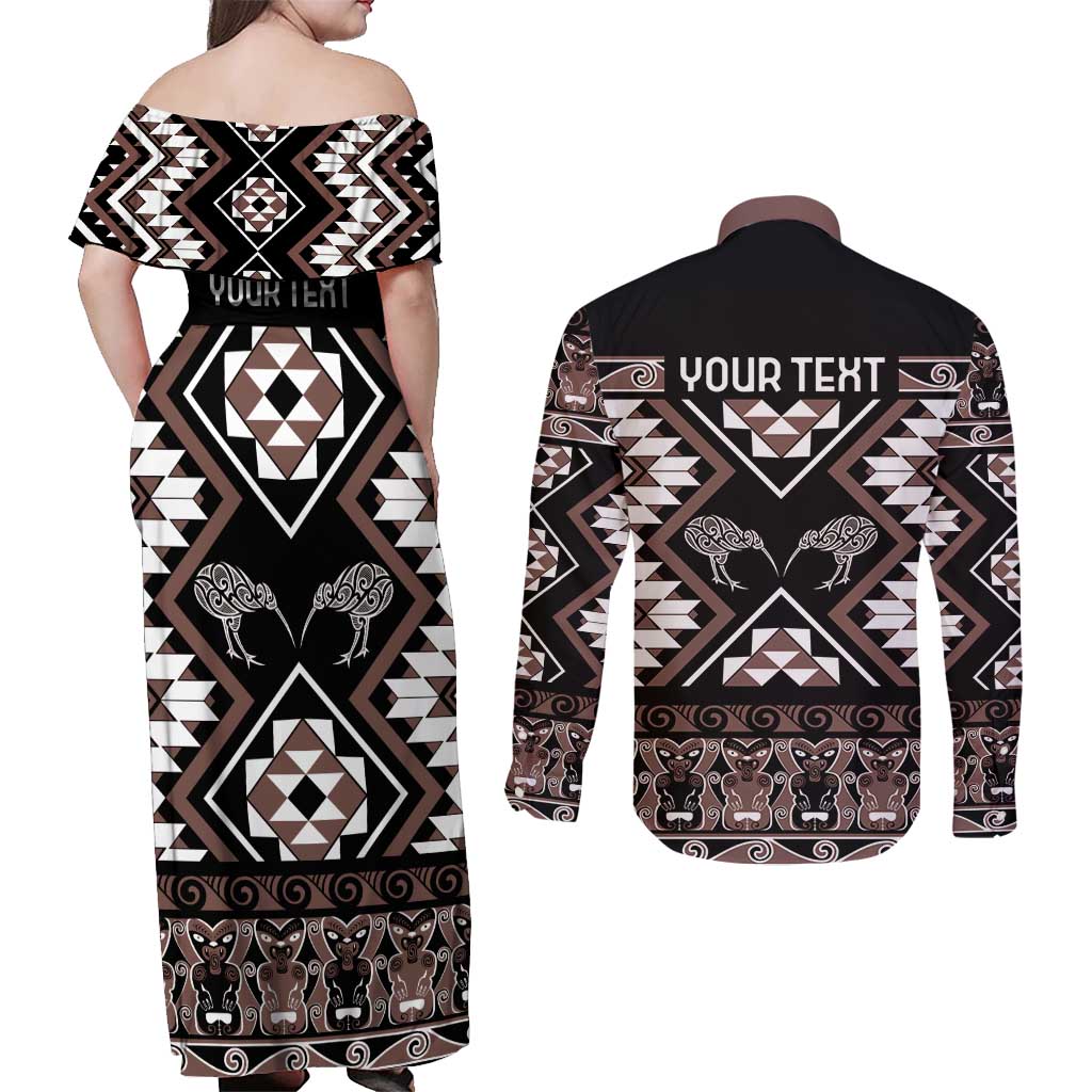 Personalised Taniko Motifs Aotearoa Couples Matching Off Shoulder Maxi Dress and Long Sleeve Button Shirt Waitangi Kowhaiwhai Kiwi - Mocha LT7 - Polynesian Pride