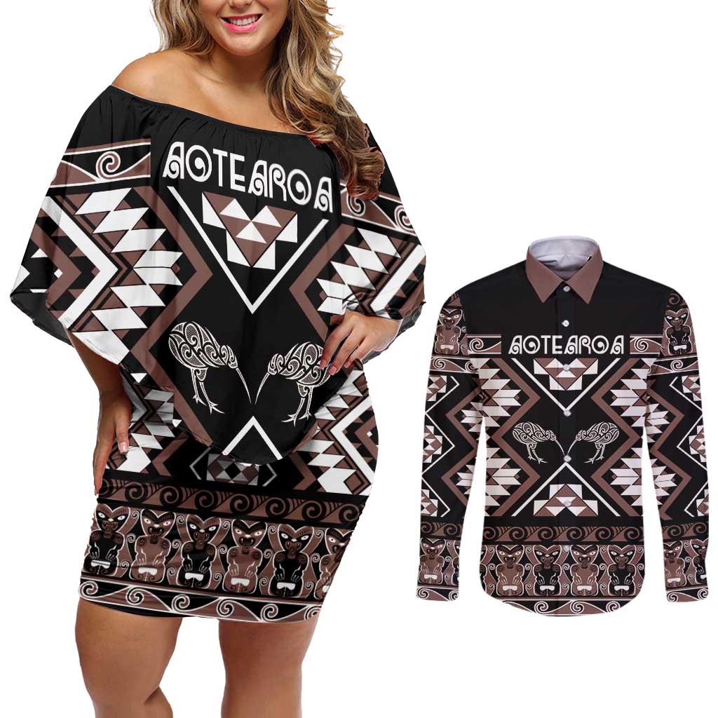 Personalised Taniko Motifs Aotearoa Couples Matching Off Shoulder Short Dress and Long Sleeve Button Shirt Waitangi Kowhaiwhai Kiwi - Mocha LT7 Mocha - Polynesian Pride