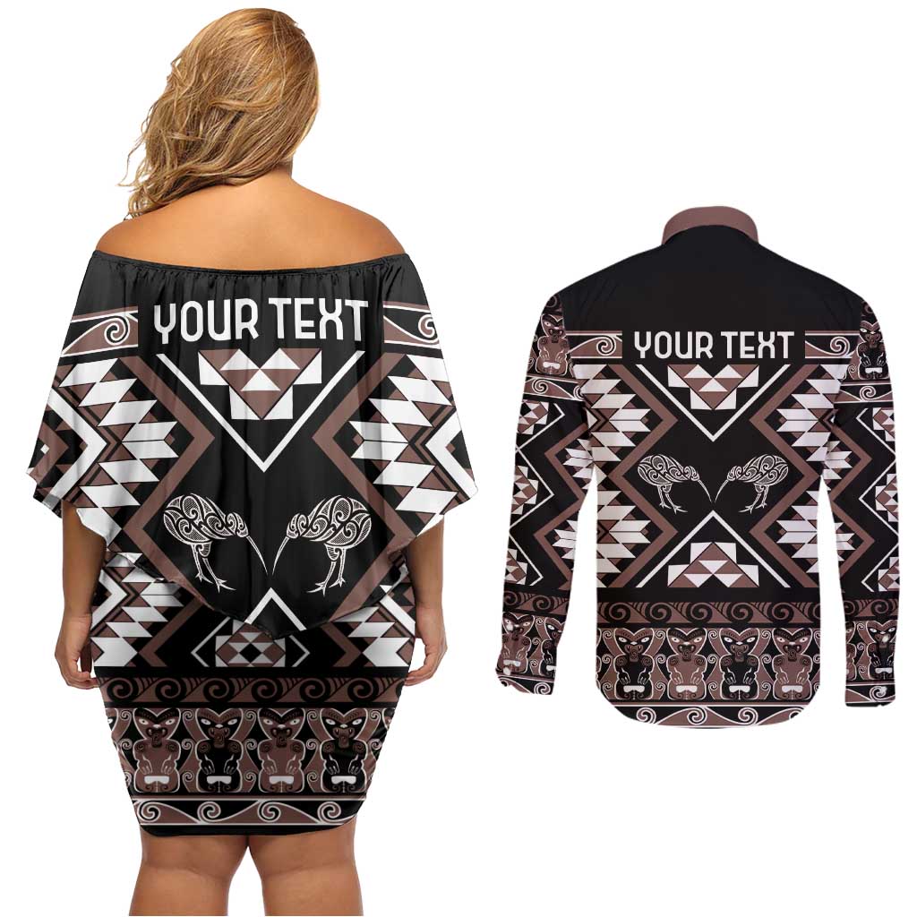 Personalised Taniko Motifs Aotearoa Couples Matching Off Shoulder Short Dress and Long Sleeve Button Shirt Waitangi Kowhaiwhai Kiwi - Mocha LT7 - Polynesian Pride