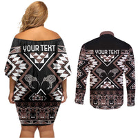 Personalised Taniko Motifs Aotearoa Couples Matching Off Shoulder Short Dress and Long Sleeve Button Shirt Waitangi Kowhaiwhai Kiwi - Mocha LT7 - Polynesian Pride