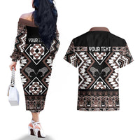 Personalised Taniko Motifs Aotearoa Couples Matching Off The Shoulder Long Sleeve Dress and Hawaiian Shirt Waitangi Kowhaiwhai Kiwi - Mocha LT7 - Polynesian Pride