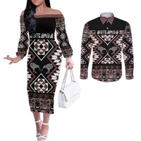 Personalised Taniko Motifs Aotearoa Couples Matching Off The Shoulder Long Sleeve Dress and Long Sleeve Button Shirt Waitangi Kowhaiwhai Kiwi - Mocha LT7 Mocha - Polynesian Pride