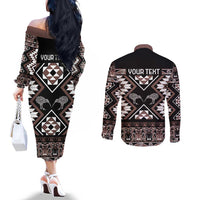 Personalised Taniko Motifs Aotearoa Couples Matching Off The Shoulder Long Sleeve Dress and Long Sleeve Button Shirt Waitangi Kowhaiwhai Kiwi - Mocha LT7 - Polynesian Pride