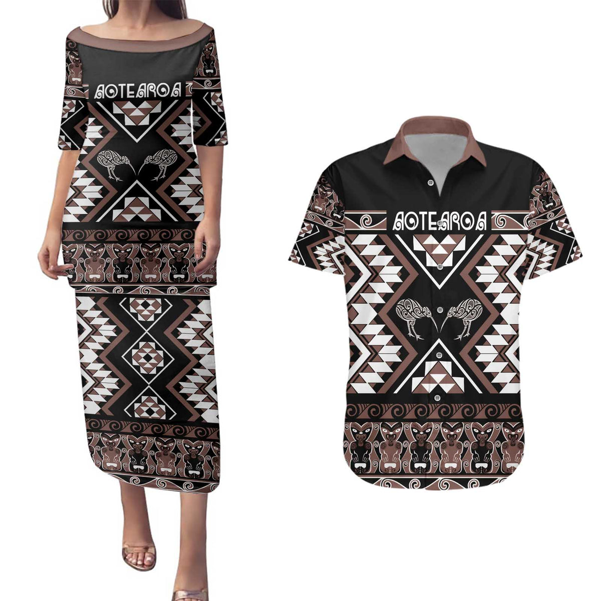 Personalised Taniko Motifs Aotearoa Couples Matching Puletasi and Hawaiian Shirt Waitangi Kowhaiwhai Kiwi - Mocha LT7 Mocha - Polynesian Pride