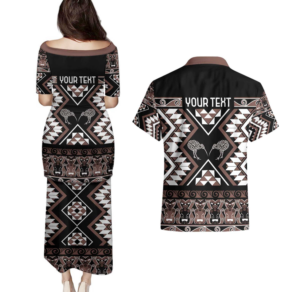 Personalised Taniko Motifs Aotearoa Couples Matching Puletasi and Hawaiian Shirt Waitangi Kowhaiwhai Kiwi - Mocha LT7 - Polynesian Pride