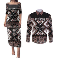 Personalised Taniko Motifs Aotearoa Couples Matching Puletasi and Long Sleeve Button Shirt Waitangi Kowhaiwhai Kiwi - Mocha LT7 Mocha - Polynesian Pride