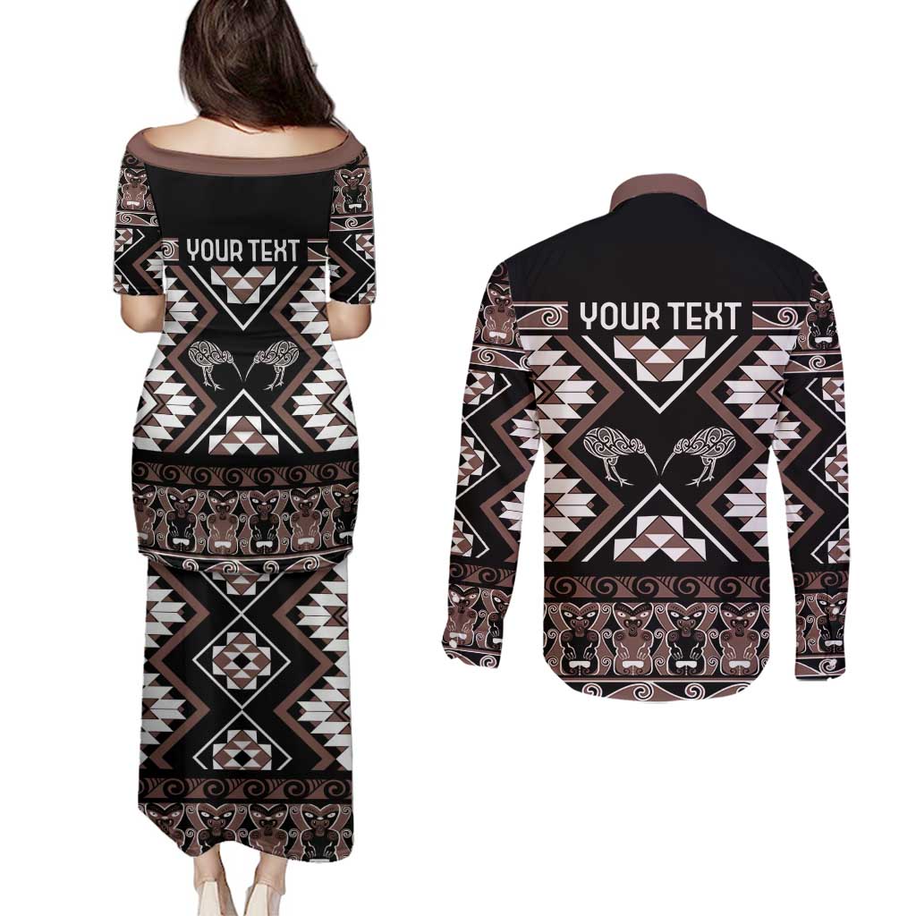 Personalised Taniko Motifs Aotearoa Couples Matching Puletasi and Long Sleeve Button Shirt Waitangi Kowhaiwhai Kiwi - Mocha LT7 - Polynesian Pride