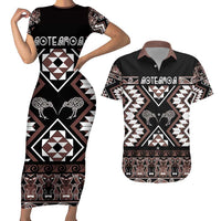 Personalised Taniko Motifs Aotearoa Couples Matching Short Sleeve Bodycon Dress and Hawaiian Shirt Waitangi Kowhaiwhai Kiwi - Mocha LT7 Mocha - Polynesian Pride