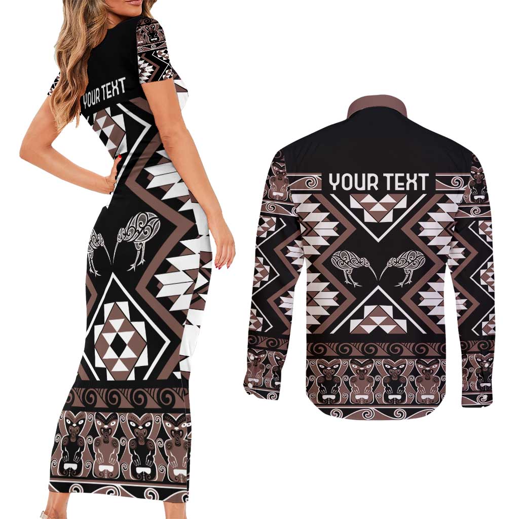 Personalised Taniko Motifs Aotearoa Couples Matching Short Sleeve Bodycon Dress and Long Sleeve Button Shirt Waitangi Kowhaiwhai Kiwi - Mocha LT7 - Polynesian Pride