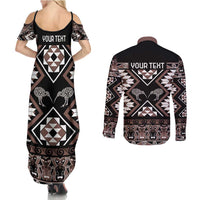Personalised Taniko Motifs Aotearoa Couples Matching Summer Maxi Dress and Long Sleeve Button Shirt Waitangi Kowhaiwhai Kiwi - Mocha LT7 - Polynesian Pride