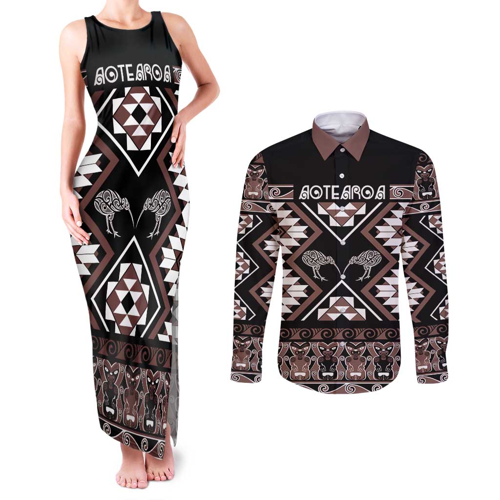 Personalised Taniko Motifs Aotearoa Couples Matching Tank Maxi Dress and Long Sleeve Button Shirt Waitangi Kowhaiwhai Kiwi - Mocha LT7 Mocha - Polynesian Pride