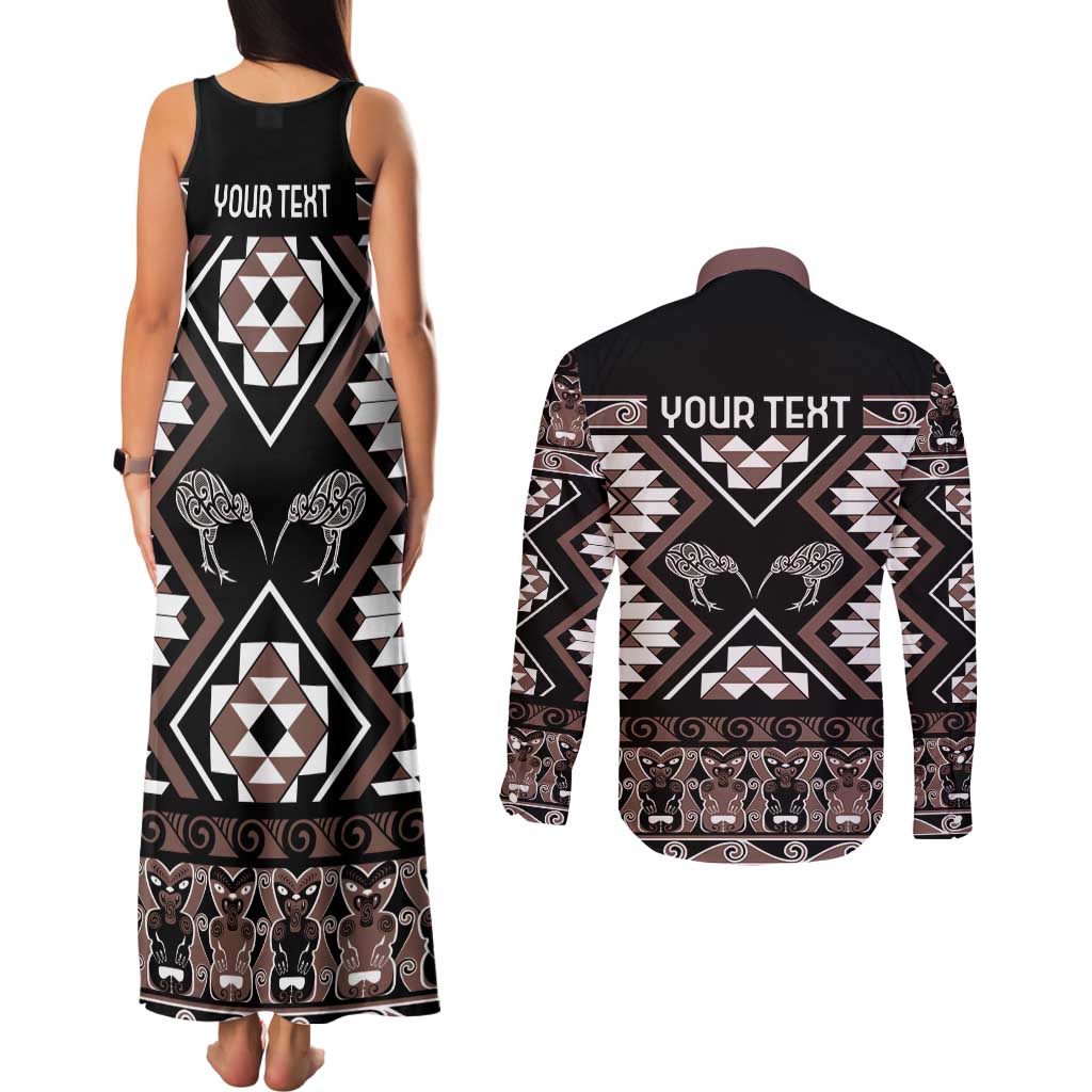 Personalised Taniko Motifs Aotearoa Couples Matching Tank Maxi Dress and Long Sleeve Button Shirt Waitangi Kowhaiwhai Kiwi - Mocha LT7 - Polynesian Pride